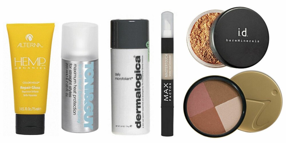 FRA VENSTRE: Alterna Hemp Repair Gloss (kr 380), Toni & Guy Iron Heat Defence Spray (kr 129), Dermalogica Daily Microfoliant (kr 590), Max Factor Mastertouch Under Eye Concealer (kr 99), Bare Minerals foundation (kr 439), Jane Iredale Sunbeam (kr 498). FRA VENSTRE: Alterna Hemp Repair Gloss (kr 380), Toni & Guy Iron Heat Defence Spray (kr 129), Dermalogica Daily Microfoliant (kr 590), Max Factor Mastertouch Under Eye Concealer (kr 99), Bare Minerals foundation (kr 439), Jane Iredale Sunbeam (kr 498).