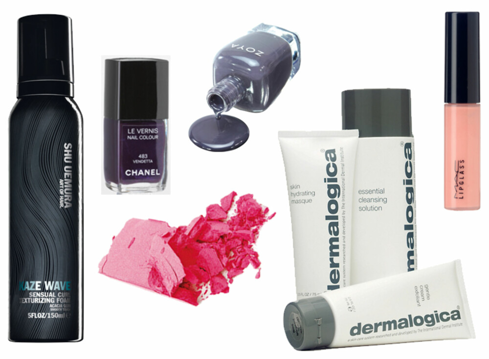FAVORITTER: Hårprodukter fra Shu Uemura, neglelakk fra Chanel (kr 210) og Zoya (kr 159), Cheek colour-rouge fra Body Shop (kr 139), renseprodukter fra Dermalogica (fra ca kr 300) og lipgloss fra MAC (fra kr 120). FAVORITTER: Hårprodukter fra Shu Uemura, neglelakk fra Chanel (kr 210) og Zoya (kr 159), Cheek colour-rouge fra Body Shop (kr 139), renseprodukter fra Dermalogica (fra ca kr 300) og lipgloss fra MAC (fra kr 120).
