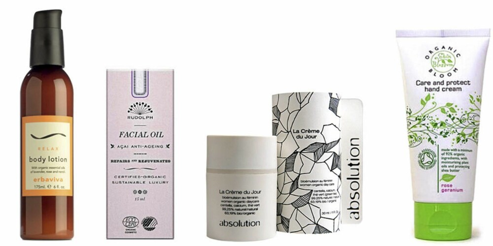 GARANTERT ØKOLOGISK: Erbaviva Relax Body Lotion (kr 175), Rudolph Care Anti-Aging Facial Oil (kr 550), Absolution La crème du Jour (kr 560), Skinblossom Hand Cream (kr 145). GARANTERT ØKOLOGISK: Erbaviva Relax Body Lotion (kr 175), Rudolph Care Anti-Aging Facial Oil (kr 550), Absolution La crème du Jour (kr 560), Skinblossom Hand Cream (kr 145).