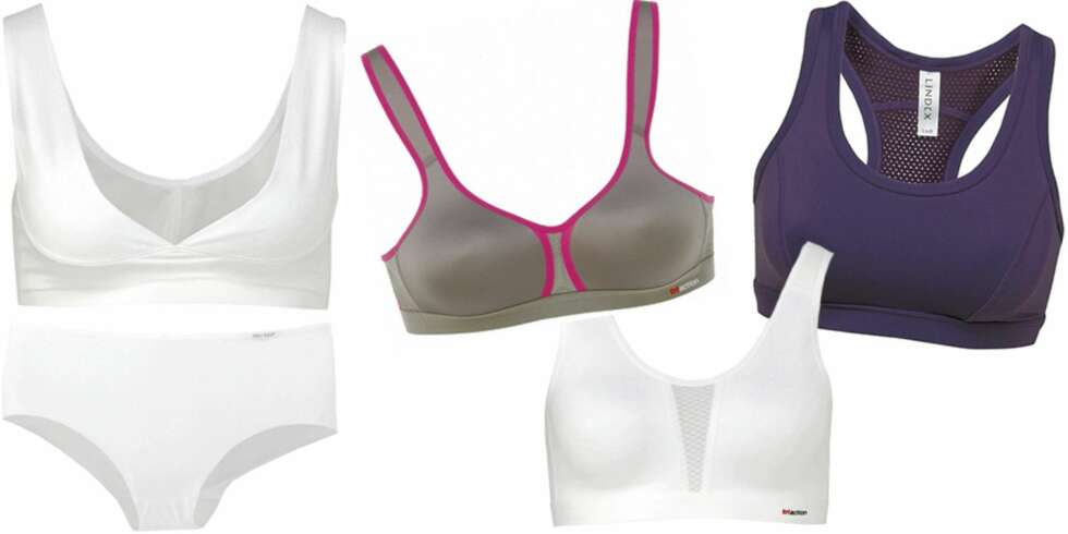FRA VENSTRE: Undertøysett fra After Eden (kr 599), sports-BH fra Triumph (kr 249), sports-BH fra Triumph (kr 249), sports-BH fra Lindex (kr 199). FRA VENSTRE: Undertøysett fra After Eden (kr 599), sports-BH fra Triumph (kr 249), sports-BH fra Triumph (kr 249), sports-BH fra Lindex (kr 199).