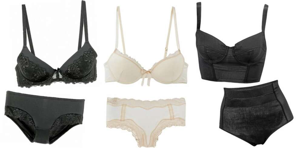 FRA VENSTRE: BH og hipster fra triumph (kr 249 og kr 149), undertøysett fra Lindex (kr 349), bustier og truse med høyt liv fra Gina Tricot (kr 129 og kr 99). FRA VENSTRE: BH og hipster fra triumph (kr 249 og kr 149), undertøysett fra Lindex (kr 349), bustier og truse med høyt liv fra Gina Tricot (kr 129 og kr 99).