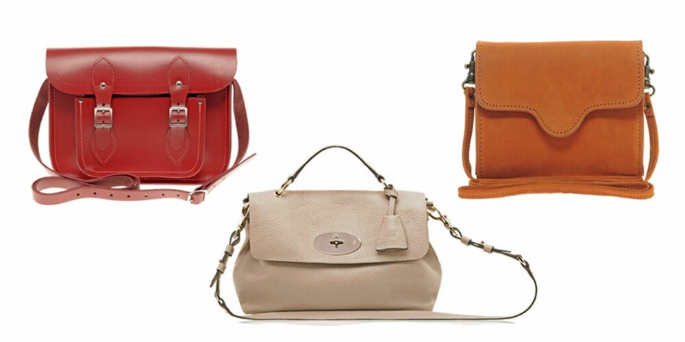 FRA VENSTRE: Rød veske fra Cambridge Satchel Company (kr 882/Asos.com), beige veske fra Mulberyy (kr 7900) og orange veske fra Mango (kr 625). FRA VENSTRE: Rød veske fra Cambridge Satchel Company (kr 882/Asos.com), beige veske fra Mulberyy (kr 7900) og orange veske fra Mango (kr 625).