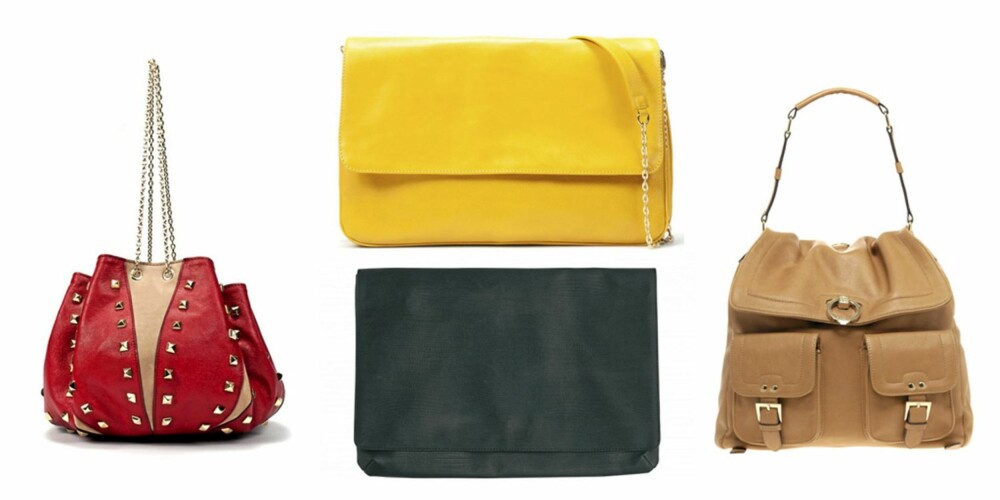 FRA VENSTRE: Snøreveske fra Zara (kr 1159), gul cutch fra Zara (kr 959), sort clutch fra Monki (kr 180) og beige veske fra Asos.com (kr 821). FRA VENSTRE: Snøreveske fra Zara (kr 1159), gul cutch fra Zara (kr 959), sort clutch fra Monki (kr 180) og beige veske fra Asos.com (kr 821).