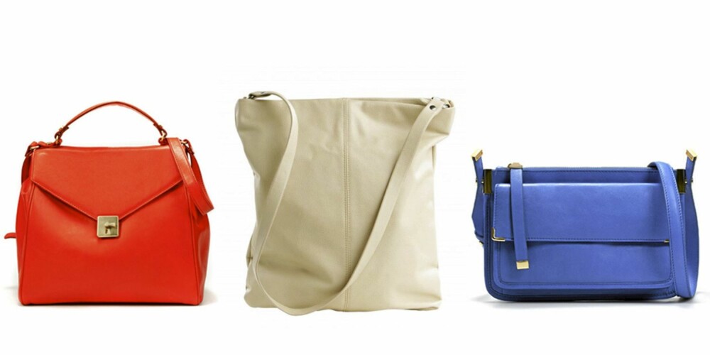 FRA VENSTRE: Rød veske fra Zara (kr 1159)m beige shopper fra Monki (kr 250) og blå veske fra Zara (kr 679). FRA VENSTRE: Rød veske fra Zara (kr 1159)m beige shopper fra Monki (kr 250) og blå veske fra Zara (kr 679).