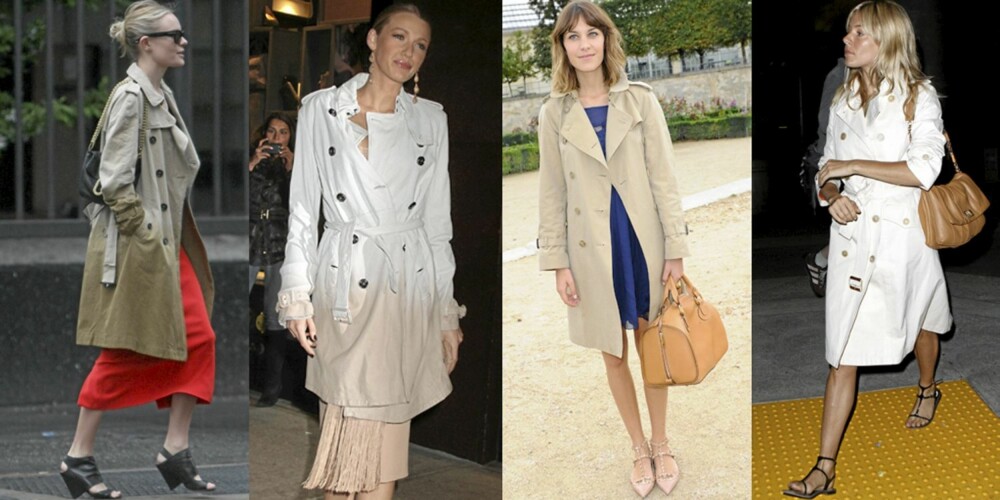 KJENDISFAVORITT: It-jentene Kate Bosworth, Blake Lively, ALexa Chung og Sienna Miller er alle flittige brukere av trenchcoaten, både til hverdags og den røde løperen. KJENDISFAVORITT: It-jentene Kate Bosworth, Blake Lively, ALexa Chung og Sienna Miller er alle flittige brukere av trenchcoaten, både til hverdags og den røde løperen.