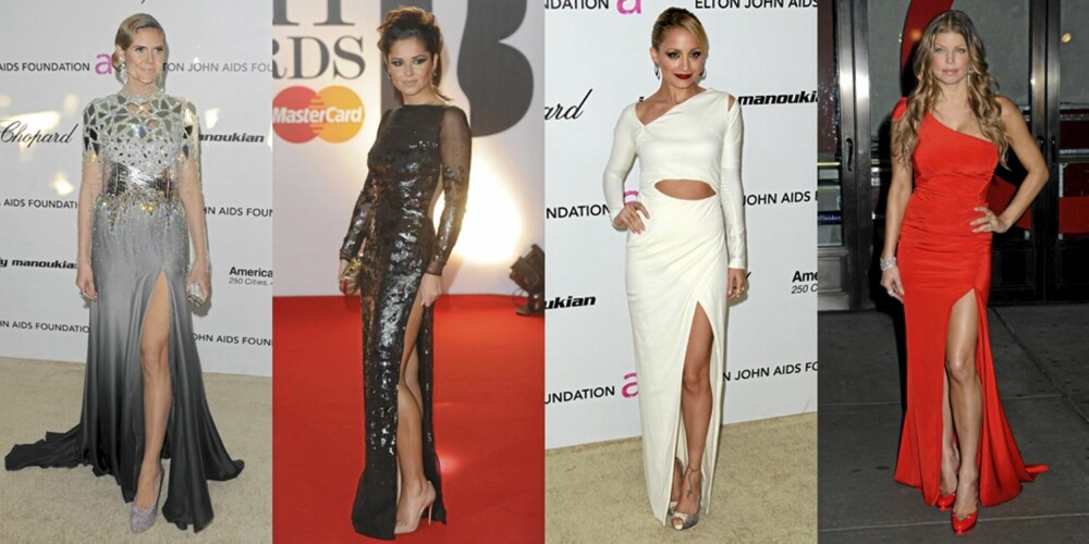 VELGER SPLITT: HEidi Klum, Cheryl Cole, Nicole Richie og Fergie viser det ene beinet på rød løper. VELGER SPLITT: HEidi Klum, Cheryl Cole, Nicole Richie og Fergie viser det ene beinet på rød løper.