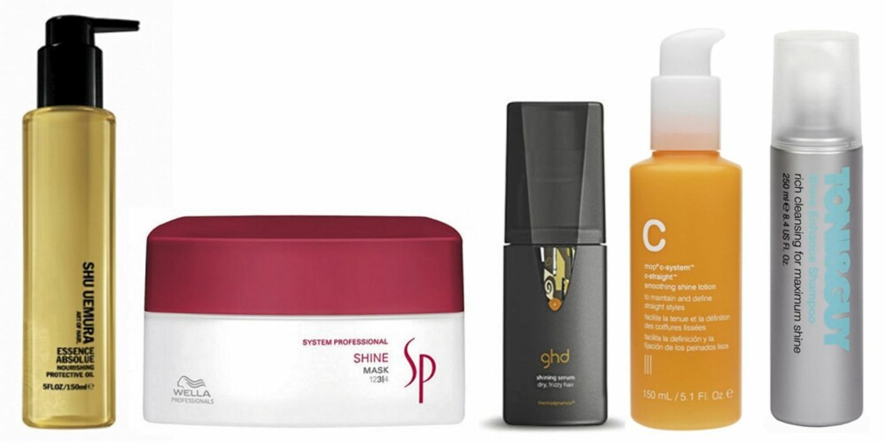 FRA VENSTRE: Shu Umemura Essence Absolue (kr 455), Wella SP Shine tREATMENT (kr 179), GHD Shining Serum (kr 259), MOP C-System Smoothing Shine Lotion (kr 129) og Toni og Guy Shine Shampoo (kr 110). FRA VENSTRE: Shu Umemura Essence Absolue (kr 455), Wella SP Shine tREATMENT (kr 179), GHD Shining Serum (kr 259), MOP C-System Smoothing Shine Lotion (kr 129) og Toni og Guy Shine Shampoo (kr 110).
