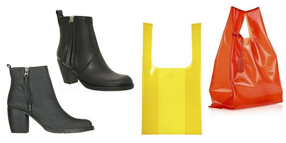 ORIGINALEN OG KOPIEN: De øverste skoene er Acne Pistol Boots fra Acne (kr 2995), mens Nilson er en av mange som har kopiert den (kr 1299). Den orange vesken kommer fra Jil Sander (ca kr 800) og den gule kopien er fra HM (kr 99). ORIGINALEN OG KOPIEN: De øverste skoene er Acne Pistol Boots fra Acne (kr 2995), mens Nilson er en av mange som har kopiert den (kr 1299). Den orange vesken kommer fra Jil Sander (ca kr 800) og den gule kopien er fra HM (kr 99).