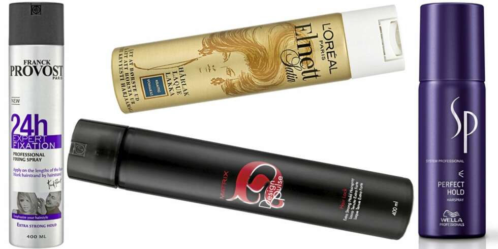 HÅRSPRAY: Franck Provost Expert Fixation (kr 99), Matrix Design Pulse Hair Lock Extra Strong Hold Hairspray (kr 201), L'Oréal Elnett Satin hårlakk (kr 72), SP Perfect Hold Hairspray (kr 275). HÅRSPRAY: Franck Provost Expert Fixation (kr 99), Matrix Design Pulse Hair Lock Extra Strong Hold Hairspray (kr 201), L'Oréal Elnett Satin hårlakk (kr 72), SP Perfect Hold Hairspray (kr 275).