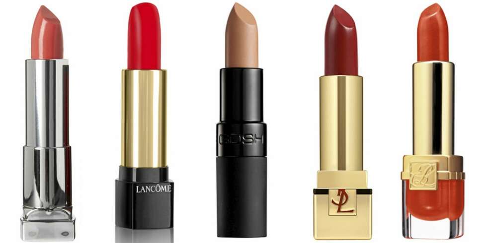 LEPPESTIFT: Maybelline Color Sensational (kr 119), Lancome Abslolu Nu Nr. 102 (kr 275), Gosh Velvet Touch Lipstick Cappuccino (kr 146), YSL Rouge Pur Couture N.r 2 Rouge Pourpre (kr 280), Estée Lauder Pure Color Lipstick Melon (kr 255). LEPPESTIFT: Maybelline Color Sensational (kr 119), Lancome Abslolu Nu Nr. 102 (kr 275), Gosh Velvet Touch Lipstick Cappuccino (kr 146), YSL Rouge Pur Couture N.r 2 Rouge Pourpre (kr 280), Estée Lauder Pure Color Lipstick Melon (kr 255).