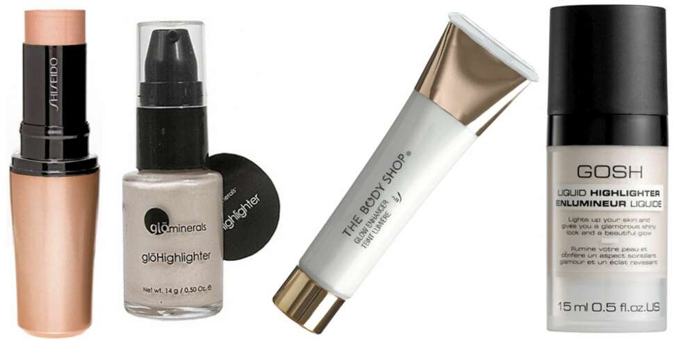 SKIMMER: Shiseido Accentuating Color Stick Nr. S3 (kr 310), Glo Minerals Highlighter (kr 239), The Body Shop Glow Enhancer (kr 159), Gosh Liquid Highlighter (kr 89). SKIMMER: Shiseido Accentuating Color Stick Nr. S3 (kr 310), Glo Minerals Highlighter (kr 239), The Body Shop Glow Enhancer (kr 159), Gosh Liquid Highlighter (kr 89).