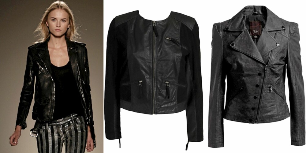 SKINNJAKKE: På catwalken til Balmain, Samsøe Samsøe/Nelly.com (kr 3495), Ellos (kr 999). SKINNJAKKE: På catwalken til Balmain, Samsøe Samsøe/Nelly.com (kr 3495), Ellos (kr 999).