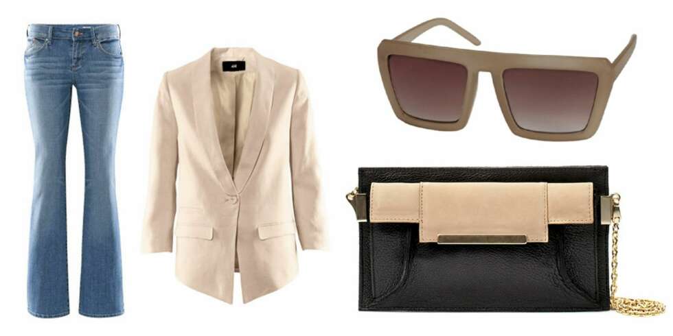 FRA VENSTRE: Jeans fra HM (kr 399), blazer fra HM (kr 349), solbriller fra Gina Tricot (kr 59) og veske fra Zara (kr 679). FRA VENSTRE: Jeans fra HM (kr 399), blazer fra HM (kr 349), solbriller fra Gina Tricot (kr 59) og veske fra Zara (kr 679).