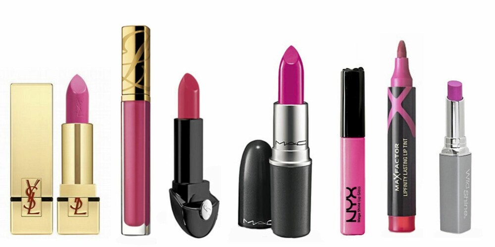 FRA VENSTRE: YSL i Fuchsia Innocent (kr 280), Estée Lauder i Shocking Innocent (kr 235) Guerlain i Rouge Sensuel (kr 345), MAC i Girl About Town (kr 160), lipgloss fra NYX i Dolly Pink (kr 90), lipstain fra Max Factor i Pink Petal (kr 99) og Wet'N'Wild i Passionate (kr 59). FRA VENSTRE: YSL i Fuchsia Innocent (kr 280), Estée Lauder i Shocking Innocent (kr 235) Guerlain i Rouge Sensuel (kr 345), MAC i Girl About Town (kr 160), lipgloss fra NYX i Dolly Pink (kr 90), lipstain fra Max Factor i Pink Petal (kr 99) og Wet'N'Wild i Passionate (kr 59).