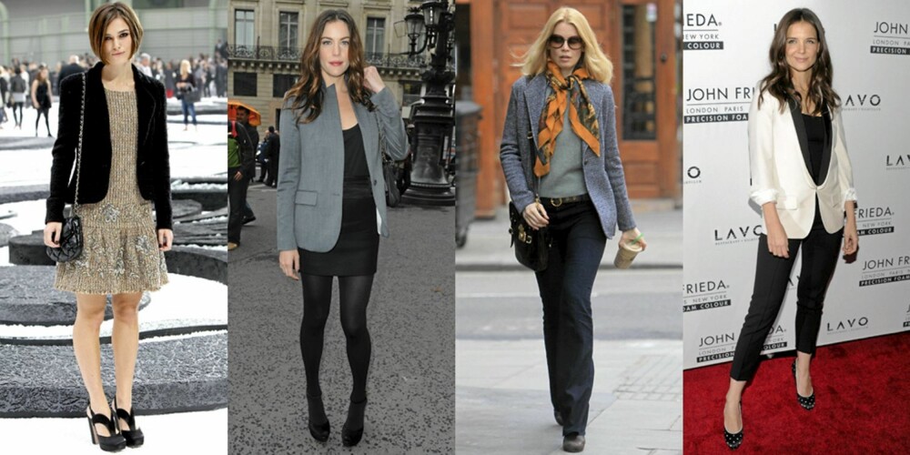 BLAZER: Keira Knightley, Liv Tyler, Claudia Schiffer og Katie Holmes er velkledde og trendy i blazer. BLAZER: Keira Knightley, Liv Tyler, Claudia Schiffer og Katie Holmes er velkledde og trendy i blazer.