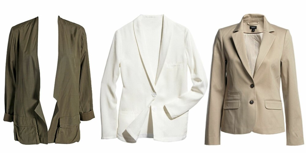 FRA VENSTRE: Blazer fra Twenty8Twelve (kr 3195), blazer fra HM Conscious COllection (kr 399) og blazer fra Lindex (kr 399). FRA VENSTRE: Blazer fra Twenty8Twelve (kr 3195), blazer fra HM Conscious COllection (kr 399) og blazer fra Lindex (kr 399).