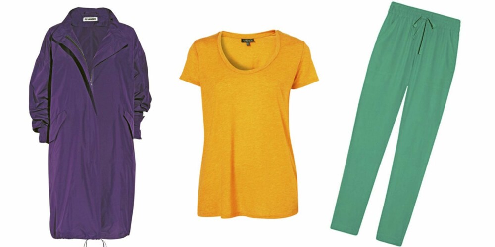 FRA VENSTRE: Jakke (kr 13 205) fra Jil Sander, t-skjorte (kr 106) fra Topshop, bukse (kr 1954) fra DKNY. FRA VENSTRE: Jakke (kr 13 205) fra Jil Sander, t-skjorte (kr 106) fra Topshop, bukse (kr 1954) fra DKNY.