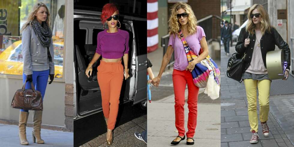 FARGERIKT: Blake Lively, Rihanna, Sarah Jessica Parker og Fearne Cotton i fargerike jeans. FARGERIKT: Blake Lively, Rihanna, Sarah Jessica Parker og Fearne Cotton i fargerike jeans.