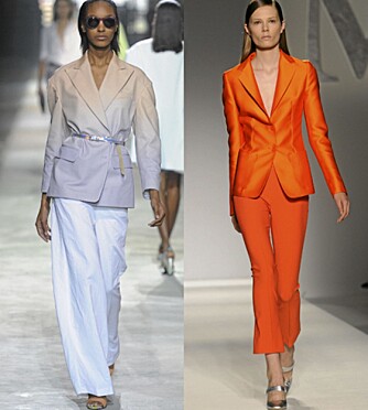 SMALT ELLER LØST: Hos Dries Van Noten gikk det i lyse farger og et løst snitt, mens Max Mara viste en smalere variant med knallfarger. SMALT ELLER LØST: Hos Dries Van Noten gikk det i lyse farger og et løst snitt, mens Max Mara viste en smalere variant med knallfarger.