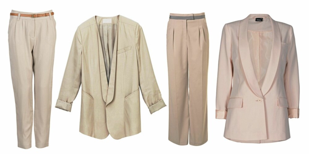 FRA VENSTRE: Bukser (kr 299) fra Bik Bok, blazer (kr 499) fra H&M, bukse med vide ben (kr 369), Topshop, og blazer (kr 399) fra Cubus. FRA VENSTRE: Bukser (kr 299) fra Bik Bok, blazer (kr 499) fra H&M, bukse med vide ben (kr 369), Topshop, og blazer (kr 399) fra Cubus.