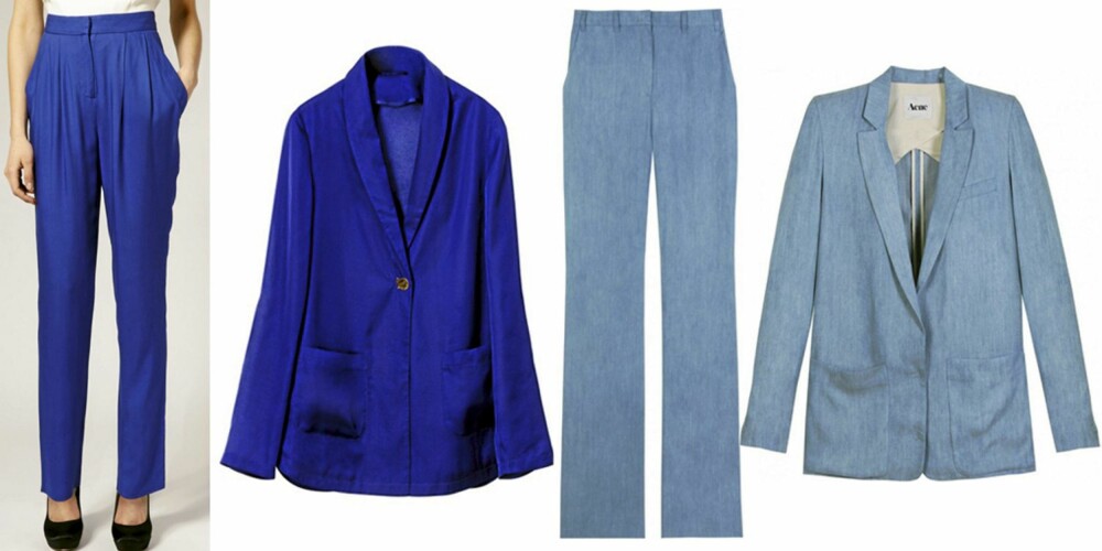 FRA VENSTRE: Blå bukse (kr 967) fra Reiss, blå blazer fra H&M (kr 299). Matchende dress fra Acne, bukse (kr 1282), og blazer (kr 2525). FRA VENSTRE: Blå bukse (kr 967) fra Reiss, blå blazer fra H&M (kr 299). Matchende dress fra Acne, bukse (kr 1282), og blazer (kr 2525).