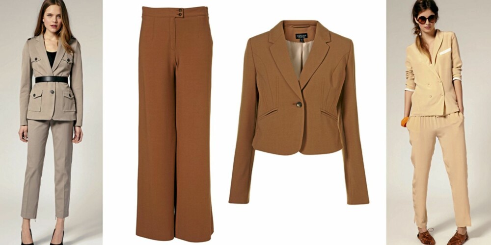 FRA VENSTRE: Blazer (kr 1490) og sigarettbukse (kr 784), begge fra Reiss. Brun bukse med vide ben (kr 370) og kort dressjakke (kr 484), begge fra Topshop. Beige dress fra TBA, jakke (kr 1493) og bukse (kr 1099). FRA VENSTRE: Blazer (kr 1490) og sigarettbukse (kr 784), begge fra Reiss. Brun bukse med vide ben (kr 370) og kort dressjakke (kr 484), begge fra Topshop. Beige dress fra TBA, jakke (kr 1493) og bukse (kr 1099).