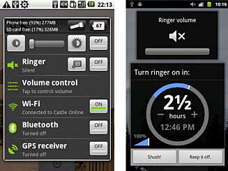 FULL KONTROLL: Quick Settings (t.v.) lar deg stille inn det meste på mobilen med noen tastetrykk, mens Shush! lar deg bestemme hvor lenge mobilen skal være lydløs. FULL KONTROLL: Quick Settings (t.v.) lar deg stille inn det meste på mobilen med noen tastetrykk, mens Shush! lar deg bestemme hvor lenge mobilen skal være lydløs.