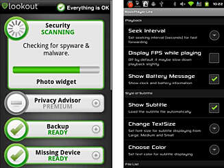 SIKKERHET OG VIDEO: Lookout Mobile Security (t.v.) har en tjeneste som gjør at du kan spore mobilen din. RockPlayer er en videospiller som spiller av DivX-video. SIKKERHET OG VIDEO: Lookout Mobile Security (t.v.) har en tjeneste som gjør at du kan spore mobilen din. RockPlayer er en videospiller som spiller av DivX-video.