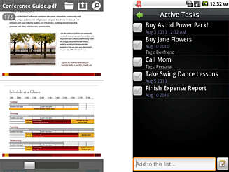 DOKUMENTER OG HUSKELISTER: Adobe Reader (t.v.) brukes til å vise PDF-filer. Astrid Task/Todo List er et nyttyg verktøy å lage huskelister med. DOKUMENTER OG HUSKELISTER: Adobe Reader (t.v.) brukes til å vise PDF-filer. Astrid Task/Todo List er et nyttyg verktøy å lage huskelister med.