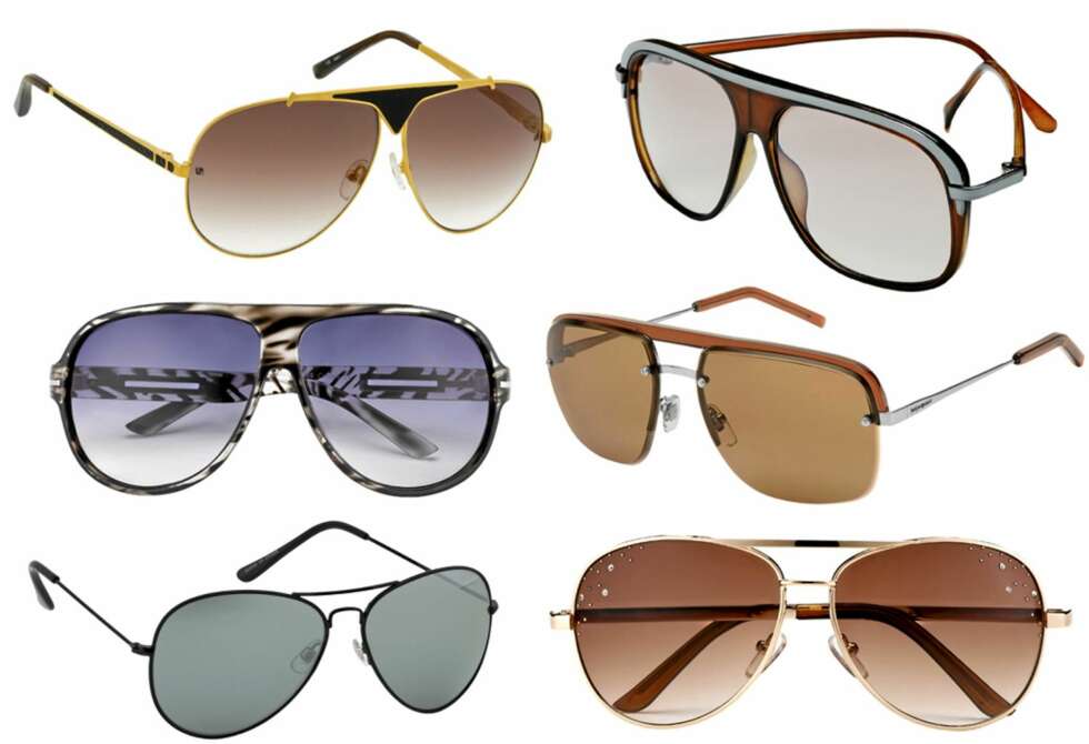 ØVERST FRA VENSTRE: Pilotbriller fra Linda Farrow (kr 3799), retrobriller fra HM (kr 80), sebramønstrede briller fra Accessorize (kr 140), briller fra YSL (kr 3070), klassiske pilotbriller fra HM (kr 50) og briller fra Accessorize (kr 140). ØVERST FRA VENSTRE: Pilotbriller fra Linda Farrow (kr 3799), retrobriller fra HM (kr 80), sebramønstrede briller fra Accessorize (kr 140), briller fra YSL (kr 3070), klassiske pilotbriller fra HM (kr 50) og briller fra Accessorize (kr 140).