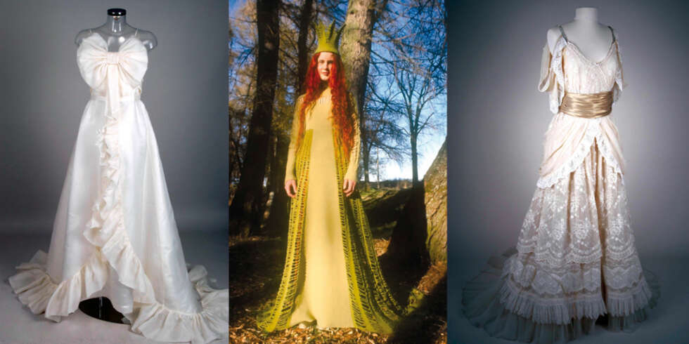 TRE KJOLER, TRE UTTRYKK: Brudekjole fra Viktor & Rolf for Hennes & Mauritz, 2006 (venstre), Hege Tvetes spesielle brudekjole og krone fra 2003 (midten, foto: Idun Haugan), elegant og romantisk kjole (høyre) signert Christian Lacroix, Paris i 1995. TRE KJOLER, TRE UTTRYKK: Brudekjole fra Viktor & Rolf for Hennes & Mauritz, 2006 (venstre), Hege Tvetes spesielle brudekjole og krone fra 2003 (midten, foto: Idun Haugan), elegant og romantisk kjole (høyre) signert Christian Lacroix, Paris i 1995.