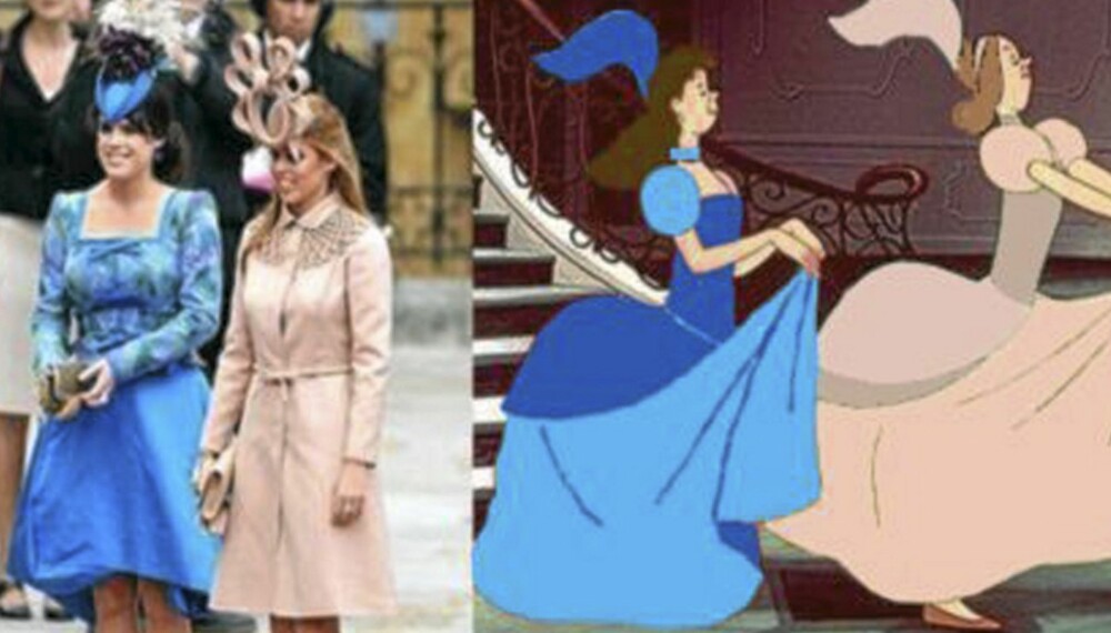 Prinsesse Beatrice og prinsesse Eugenie fra det kongelige bryllupet er koblet med bildet av de onde stesøstrene til Askepott. Prinsesse Beatrice og prinsesse Eugenie fra det kongelige bryllupet er koblet med bildet av de onde stesøstrene til Askepott.