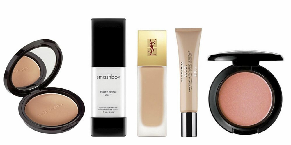 FRA VENSTRE: Solpudder fra Dr. Hauschka (kr 209), Smashbox Photo Finish Primer (kr 379), YSL Teint Radience Foundation (kr 375), Dior Nude Skin Perfecting Hydrating Concealer (kr 260) Mac Blush i Melba (kr 190). FRA VENSTRE: Solpudder fra Dr. Hauschka (kr 209), Smashbox Photo Finish Primer (kr 379), YSL Teint Radience Foundation (kr 375), Dior Nude Skin Perfecting Hydrating Concealer (kr 260) Mac Blush i Melba (kr 190).