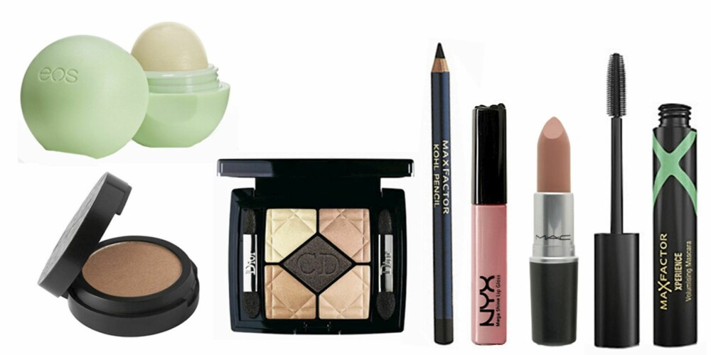 FRA VENSTRE: Eos lipbalm i Sweet Mint (kr 69), øyenskygge fra Make up Store (kr 140), Dior 5 Coleurs øyenskyggepalett (kr 510), kajal fra MaxFactor (kr 70), lipgloss fra Nyx Cosmetics (kr 90), leppestift fra MAC i fargen Myth (kr 155) og Xperience Mousse mascara fra MaxFactor (kr 149). FRA VENSTRE: Eos lipbalm i Sweet Mint (kr 69), øyenskygge fra Make up Store (kr 140), Dior 5 Coleurs øyenskyggepalett (kr 510), kajal fra MaxFactor (kr 70), lipgloss fra Nyx Cosmetics (kr 90), leppestift fra MAC i fargen Myth (kr 155) og Xperience Mousse mascara fra MaxFactor (kr 149).