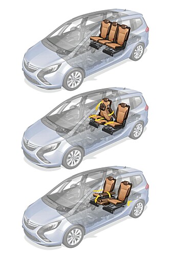 LUKSUS: Ved å slå ned det midterste setet fås to spesielt komfortable ytterseter. ILLUSTRASJON: Opel LUKSUS: Ved å slå ned det midterste setet fås to spesielt komfortable ytterseter. ILLUSTRASJON: Opel