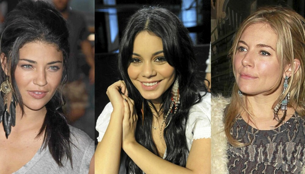 FJÆR: Jessica Szohr, Vanessa Hudgens og Sienna Miller med fjærøredobber. FJÆR: Jessica Szohr, Vanessa Hudgens og Sienna Miller med fjærøredobber.