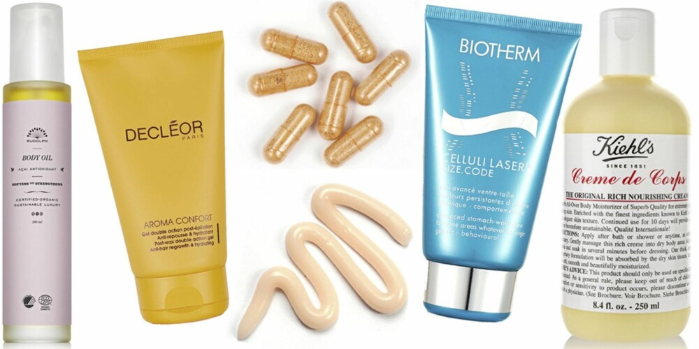 FRA VENSTRE: Rudolph Acai Body Oil (kr 550), Decléor Aroma Comfort Post-Wax Double Action Gel (kr 269), L'Occitane Almond Delightful Shape oppstramingskrem (kr 325), Beyond Wishes Pro Tan+ kosttilskudd (kr 399), Biotherm Celluli Laser (kr 335), Kiehl's Creme de Corps 250 ml (kr 285). FRA VENSTRE: Rudolph Acai Body Oil (kr 550), Decléor Aroma Comfort Post-Wax Double Action Gel (kr 269), L'Occitane Almond Delightful Shape oppstramingskrem (kr 325), Beyond Wishes Pro Tan+ kosttilskudd (kr 399), Biotherm Celluli Laser (kr 335), Kiehl's Creme de Corps 250 ml (kr 285).