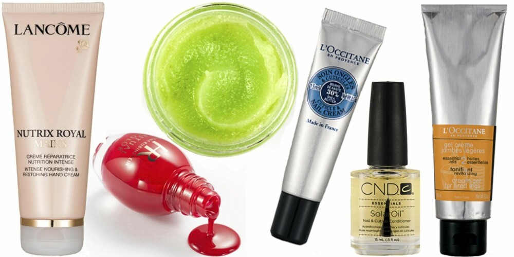 FRA VENSTRE: Lancôme Nutrix Royal Hand Cream (kr 235), Helena RubinsteinRitual Color (kr 225), CND Citrus Moisture Scrub (kr 189), L'Occitane Cuticle og Nail Cream (kr 159), CND Solar Oil (kr 189), L'Occitane Aroma For Tired Legs (kr 269). FRA VENSTRE: Lancôme Nutrix Royal Hand Cream (kr 235), Helena RubinsteinRitual Color (kr 225), CND Citrus Moisture Scrub (kr 189), L'Occitane Cuticle og Nail Cream (kr 159), CND Solar Oil (kr 189), L'Occitane Aroma For Tired Legs (kr 269).