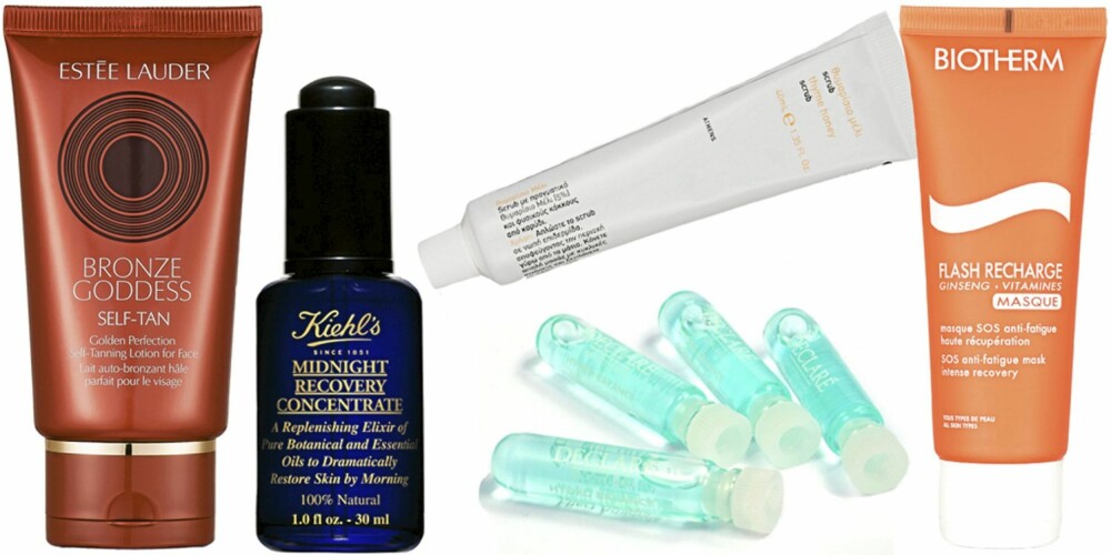FRA VENSTRE: Estée Lauder Bronze Goddess Self-Taning Lotion for Face (250), Kiehl's Midnight Recovery Concentrate (kr 385), Korres Thyme Honey Scrub (kr 219), Declaré Hydro Balance Ampoules (kr 195), Biotherm Flash Recharge Mask (kr 315) FRA VENSTRE: Estée Lauder Bronze Goddess Self-Taning Lotion for Face (250), Kiehl's Midnight Recovery Concentrate (kr 385), Korres Thyme Honey Scrub (kr 219), Declaré Hydro Balance Ampoules (kr 195), Biotherm Flash Recharge Mask (kr 315)