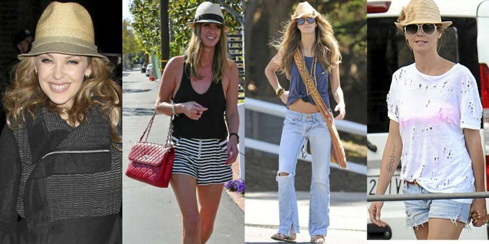 KVINNER FOR SIN HATT: Kylie Minogue, Nicky Hilton, Elle Macpherson og Heidi Klum bruker alle den trendy stråhatten. KVINNER FOR SIN HATT: Kylie Minogue, Nicky Hilton, Elle Macpherson og Heidi Klum bruker alle den trendy stråhatten.