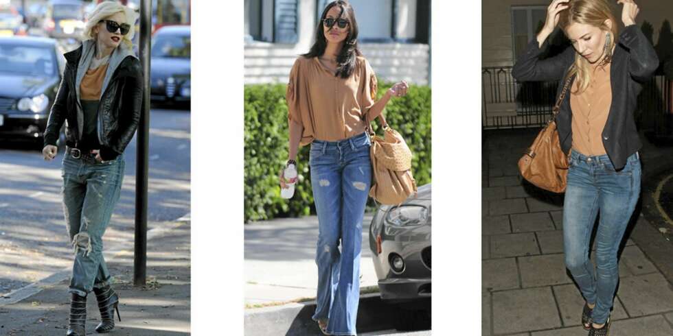 FLATTERENDE FASONGER: Gwen Stefani har valgt en tøff boyfriend-jeans, Zoe Saldana har gått for en glamorøs 70-talls slengbukse, mens Sienna Miller viser frem sine flotte bein i skinny jeans. FLATTERENDE FASONGER: Gwen Stefani har valgt en tøff boyfriend-jeans, Zoe Saldana har gått for en glamorøs 70-talls slengbukse, mens Sienna Miller viser frem sine flotte bein i skinny jeans.