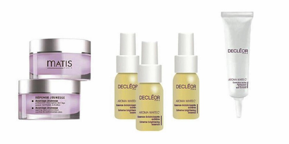 FRA VENSTRE: Matis Avantage, en multiaktiv antiage-fuktighetskrem som finnes både for normal til tørr hud, og normal til kombinasjonshud, (kr 699 for 50ml). Decléor Aroma White C, Extreme Brightening Essence skal jevne ut hudtonen og gi huden klarhet og glans (3 flasker á 10ml kr 785). Decléor Aroma White C, Brightening Spot Corrector er en lokal spesialkrem som forsterker behandlingen mot pimenteringer (veil. 389 for 15ml). FRA VENSTRE: Matis Avantage, en multiaktiv antiage-fuktighetskrem som finnes både for normal til tørr hud, og normal til kombinasjonshud, (kr 699 for 50ml). Decléor Aroma White C, Extreme Brightening Essence skal jevne ut hudtonen og gi huden klarhet og glans (3 flasker á 10ml kr 785). Decléor Aroma White C, Brightening Spot Corrector er en lokal spesialkrem som forsterker behandlingen mot pimenteringer (veil. 389 for 15ml).