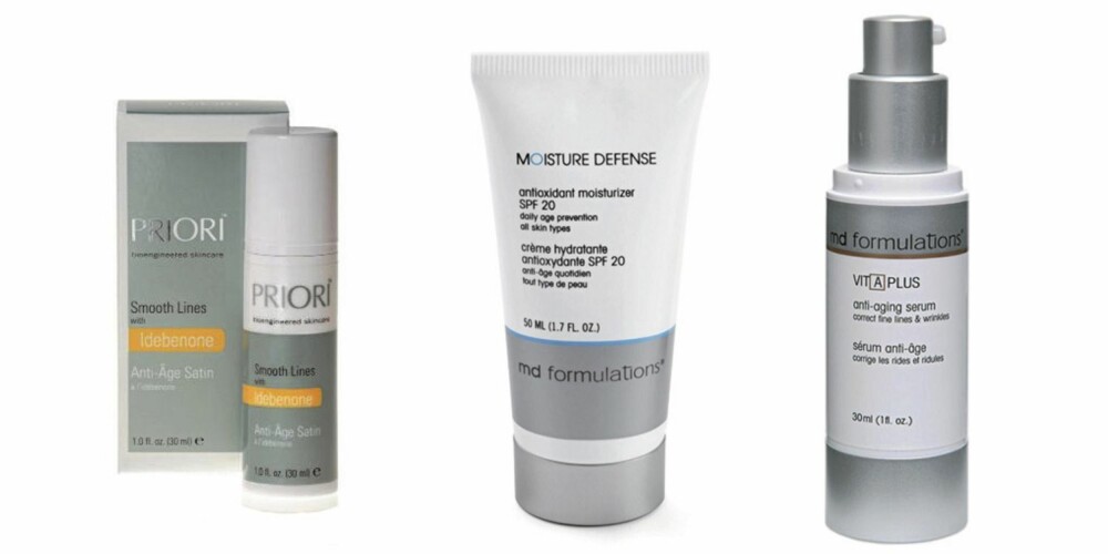 FRA VENSTRE: Priori Smooth Lines er et serum som forebygger og bedrer rynker (veil. kr 849 for 30ml). MD-formulations Moisture Defense er en fuktighetsgivende antiage-dagkrem med høy solbeskyttelse (kr 675 for 50ml). MD-formulations Vit-A-Plus er et antirynkeserum som blant annet skal motvirke uelastisk hud og ujevn pigmentering. Den skal også stimulere cellefornyelsen og dermed fremme produksjonen av elastin og kollagen (veil. kr 679 for 30ml). FRA VENSTRE: Priori Smooth Lines er et serum som forebygger og bedrer rynker (veil. kr 849 for 30ml). MD-formulations Moisture Defense er en fuktighetsgivende antiage-dagkrem med høy solbeskyttelse (kr 675 for 50ml). MD-formulations Vit-A-Plus er et antirynkeserum som blant annet skal motvirke uelastisk hud og ujevn pigmentering. Den skal også stimulere cellefornyelsen og dermed fremme produksjonen av elastin og kollagen (veil. kr 679 for 30ml).