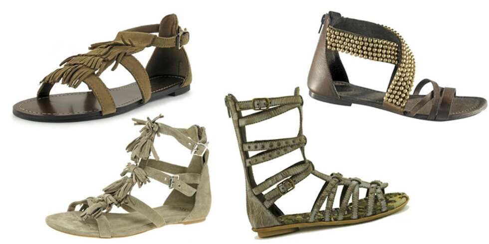 FRA VENSTRE: Sandal med frynser fra Minnetonka (kr 1195), beige med dusker fra Asos (kr 313), gladiatorsandal fra Wildflower (kr 379), med nagler fra Ellos (399). FRA VENSTRE: Sandal med frynser fra Minnetonka (kr 1195), beige med dusker fra Asos (kr 313), gladiatorsandal fra Wildflower (kr 379), med nagler fra Ellos (399).