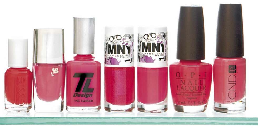 FRA VENSTRE: Essie Nail Polish silken cord (kr 249/4 stk), Lancôme Le vernis 106 (kr 195), TL Design Nail lacquer sleeping beauty (kr 149), MNY My varnish 808A (kr 39), MNY My varnish 807A (kr 39), OPI Nail lacquer too hot pink to hold'em (kr 159), CND Colour raspberry plunge (kr 159). FRA VENSTRE: Essie Nail Polish silken cord (kr 249/4 stk), Lancôme Le vernis 106 (kr 195), TL Design Nail lacquer sleeping beauty (kr 149), MNY My varnish 808A (kr 39), MNY My varnish 807A (kr 39), OPI Nail lacquer too hot pink to hold'em (kr 159), CND Colour raspberry plunge (kr 159).