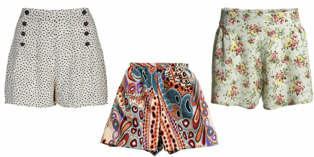 FRA VENSTRE: Søt shorts med hjerteprint og knapper fra Bik Bok (kr 199), mønstrete fra HM (ca. kr. 399), blomstrete fra Lindex (kr 199). FRA VENSTRE: Søt shorts med hjerteprint og knapper fra Bik Bok (kr 199), mønstrete fra HM (ca. kr. 399), blomstrete fra Lindex (kr 199).