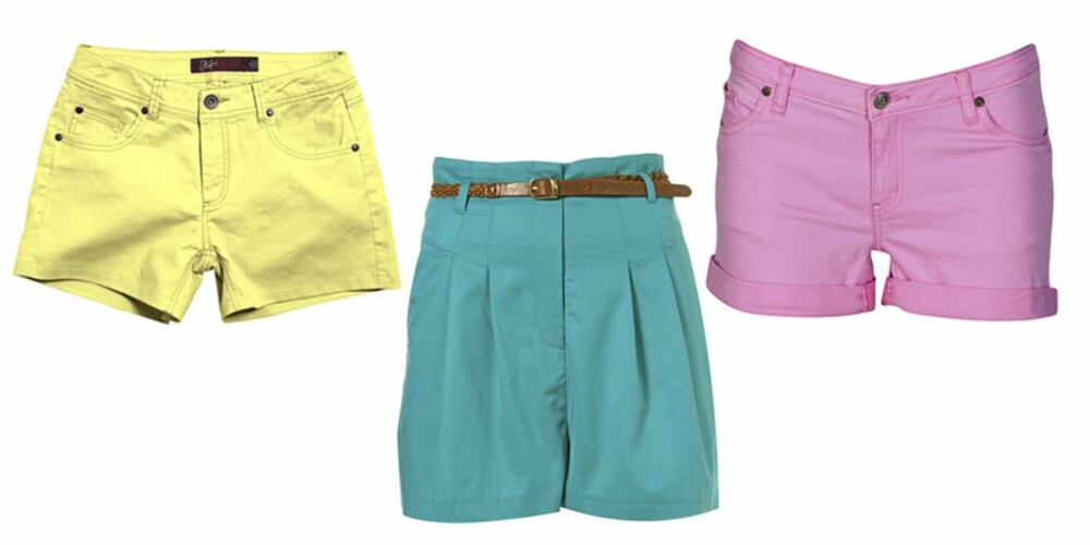 FRA VENSTRE: Gul denimshorts fra Ellos (kr 149), turkis shorts med høyt liv fra Topshop (kr 316), rosa fra Cubus (kr 199). FRA VENSTRE: Gul denimshorts fra Ellos (kr 149), turkis shorts med høyt liv fra Topshop (kr 316), rosa fra Cubus (kr 199).