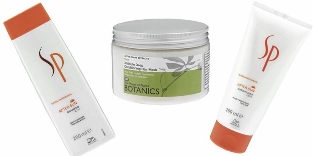 FRA VENSTRE: Wella SP After sun shampoo (kr 229), Botanics deep conditioning hair masque, (kr 99), Wella SP After sun conditioner (kr 249). FRA VENSTRE: Wella SP After sun shampoo (kr 229), Botanics deep conditioning hair masque, (kr 99), Wella SP After sun conditioner (kr 249).