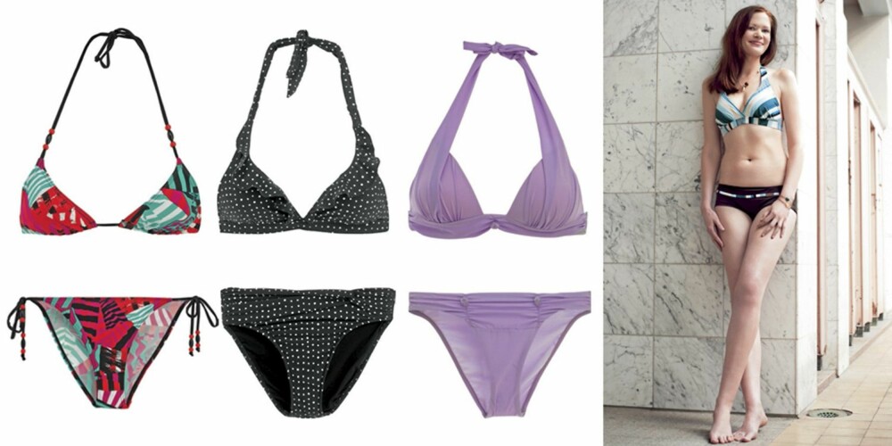 I-form: Anette Heiberg har en I-formet figur. Mønstrete bikini fra Wesc (kr 299), prikkete bikini fra Seafolly (kr 1050) of lavendelfarget bikini fra Lise Charmel (kr 945 for overdel og 645 for underdel). I-form: Anette Heiberg har en I-formet figur. Mønstrete bikini fra Wesc (kr 299), prikkete bikini fra Seafolly (kr 1050) of lavendelfarget bikini fra Lise Charmel (kr 945 for overdel og 645 for underdel).