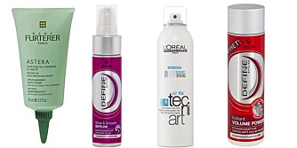 FRA VENSTRE: Rene Furterer Astera hårserum (kr 219) , Define Shine & Smooth Serum (kr 79) , L'Oréal Tecni Art Air Fix (kr 215), Define Instant Volume Powder (kr 99) FRA VENSTRE: Rene Furterer Astera hårserum (kr 219) , Define Shine & Smooth Serum (kr 79) , L'Oréal Tecni Art Air Fix (kr 215), Define Instant Volume Powder (kr 99)